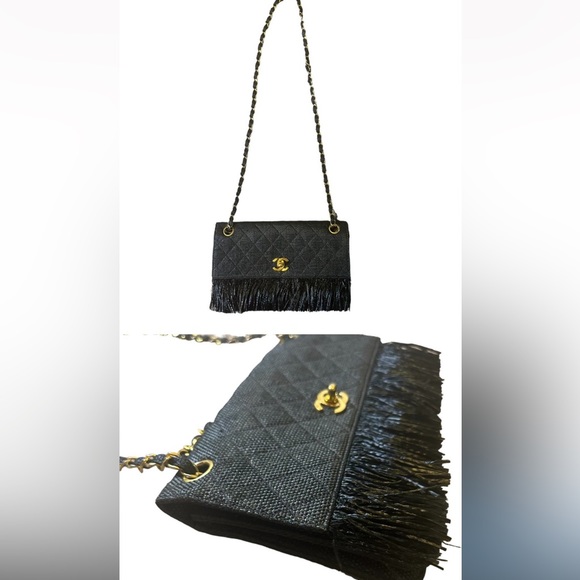 CHANEL 🖤 RARE Vintage Raffia Hemp Straw Quilted Flap Fringe Raw Edge Real Gold - Picture 2 of 16